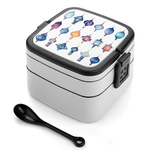 BSCKKDMN Aquarell-Laterne, Bento-Box für Erwachsene, All-in-One, stapelbar, Bento-Lunchbox mit Fächern, doppellagig, auslaufsicher, Lunch-Behälter für Arbeit, Picknick, Reisen von BSCKKDMN