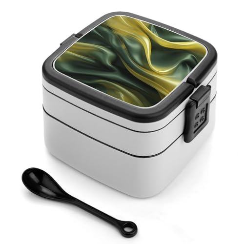 BSCKKDMN Bento Box Erwachsene Lunchbox aus grünem Seidenstoff, All-in-One, stapelbar, Bento-Lunchbox mit Fächern, doppellagige Lunchboxen, auslaufsicher, Lunch-Behälter für Arbeit, Picknick, Reisen von BSCKKDMN
