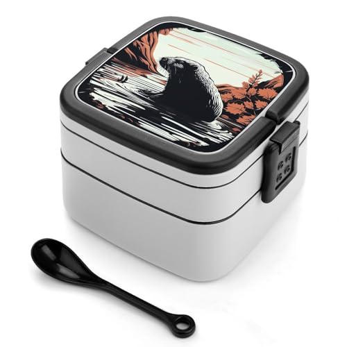 BSCKKDMN Black Beaver Bento Box Erwachsene Lunchbox All-in-One Stapelbare Bento Lunchbox mit Fächern Doppelschicht Lunchboxen Auslaufsicher Lunchbox Lunchbehälter für Arbeit Picknick Reisen von BSCKKDMN