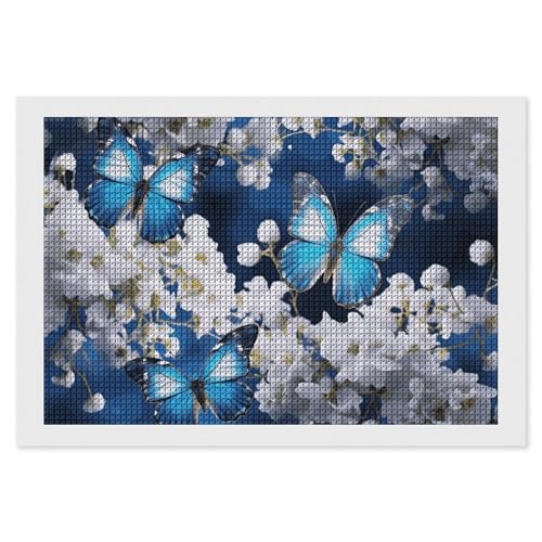BSCKKDMN Blaue Schmetterlinge, weiße Blumen, Diamant-Malerei-Kits für Erwachsene, Diamant-Kunst-Set für Anfänger, 5D-DIY-Vollquadrat-Diamant-Kunst-Bastelsets für Erwachsene für Wanddekoration von BSCKKDMN