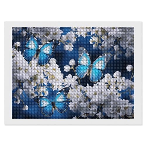 BSCKKDMN Blaue Schmetterlinge, weiße Blumen, Diamant-Malerei-Kits für Erwachsene, Diamant-Kunst-Set für Anfänger, 5D-DIY-Vollquadrat-Diamant-Kunst-Bastelsets für Erwachsene für Wanddekoration von BSCKKDMN