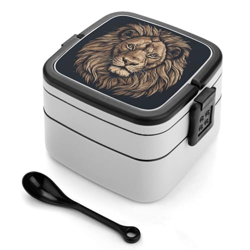 BSCKKDMN Cartoon Lion Bento Box Erwachsene Lunchbox All-in-One Stapelbare Bento Lunchbox mit Fächern Doppelschicht Lunchboxen Auslaufsicher Lunchbox Lunchboxen für Arbeit Picknick Reisen von BSCKKDMN