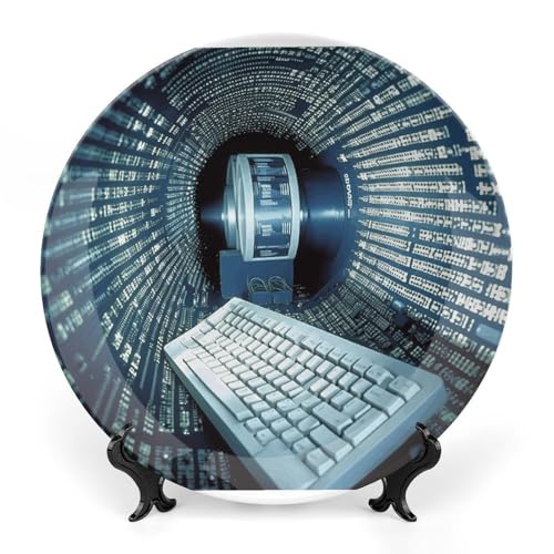 BSCKKDMN Computer Technology Deko-Teller aus Knochenporzellan, dekorative Keramik-Teller mit Präsentationsständer, handgefertigte Keramik-Ornament, Wandkunst, Dekoration für Zuhause, Küche von BSCKKDMN