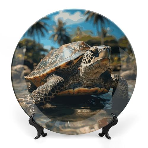 BSCKKDMN Dekorative Keramikteller mit großer Schildkröte und Palmen, aus Knochenporzellan, dekorative Teller mit Präsentationsständer, handgefertigte Keramik-Ornamente, Wandkunst, Dekoration für BSCKKDMN Dekorative Keramikteller mit großer Schildkröte und Palmen, aus Knochenporzellan, dekorative Teller mit Präsentationsständer, handgefertigte Keramik-Ornamente, Wandkunst, Dekoration für von BSCKKDMN