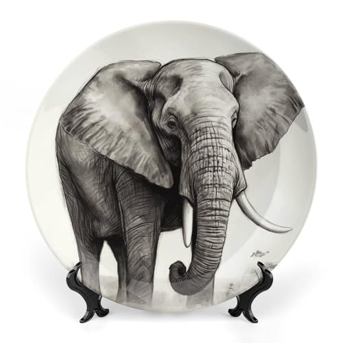 BSCKKDMN Dekorativer Keramikteller mit Elefanten-Skizze aus Knochenporzellan, mit Präsentationsständer, handgefertigte Keramik-Ornamente, Wandkunst, Dekoration für Zuhause, Küche, Schlafzimmer, 20,3 von BSCKKDMN