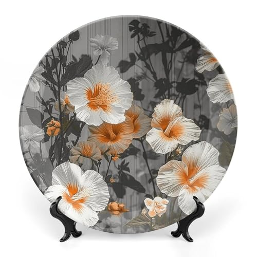 BSCKKDMN Dekorativer Teller aus Knochenporzellan, Blühender Hibiskusblüten, dekorativer Teller mit Präsentationsständer, handgefertigte Keramik-Ornamente, Wandkunst, Dekoration für Zuhause, Küche von BSCKKDMN