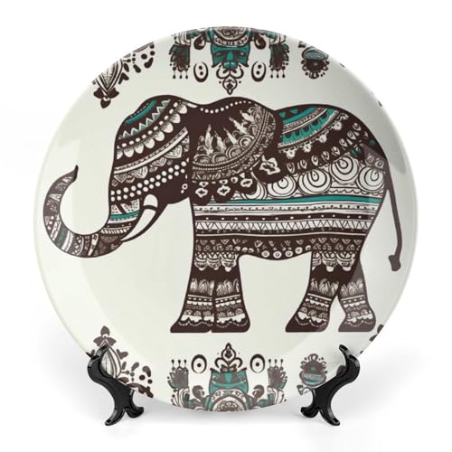 BSCKKDMN Dekorativer Teller aus Knochenporzellan, Bohemian-Elefant-Muster, dekorative Keramik-Teller mit Präsentationsständer, handgefertigte Keramik-Ornament, Wandkunst, Dekor für Zuhause, Küche von BSCKKDMN