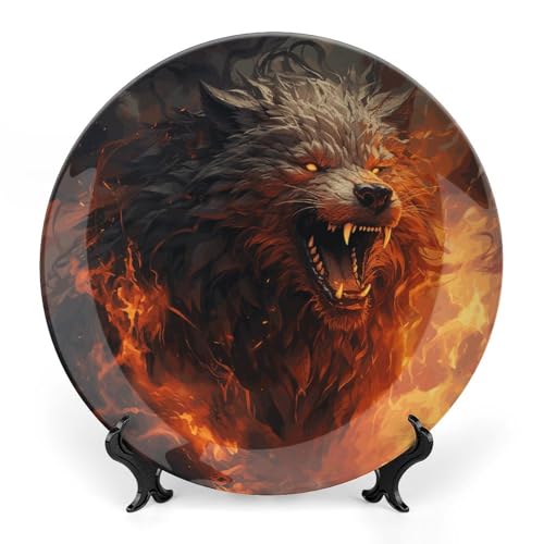 BSCKKDMN Dekorativer Teller aus Knochenporzellan, Motiv: Wilder Wolf im Feuer, dekorative Keramikteller mit Präsentationsständer, handgefertigte Keramik-Ornamente, Wandkunst, Dekoration für Zuhause von BSCKKDMN