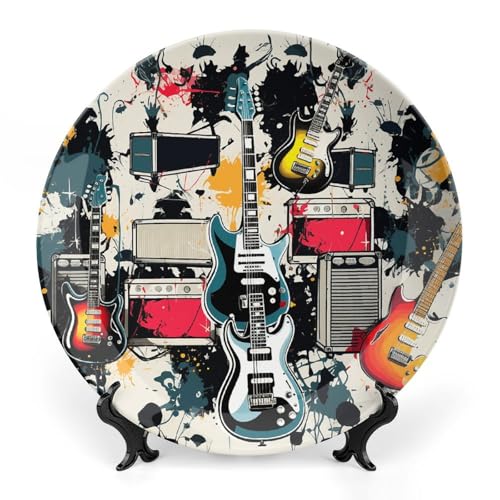 BSCKKDMN Dekorativer Teller aus Knochenporzellan mit Rockmusik-Muster, dekorative Keramik-Teller mit Präsentationsständer, handgefertigte Keramik-Ornament, Wandkunst, Dekoration für Zuhause, Küche von BSCKKDMN