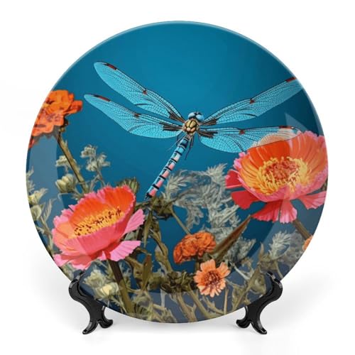 BSCKKDMN Dekorativer Teller mit Libelle und Blume, Knochenporzellan, dekorative Keramik-Teller mit Präsentationsständer, handgefertigte Keramik-Ornamente, Wandkunst, Dekoration für Zuhause, Küche von BSCKKDMN