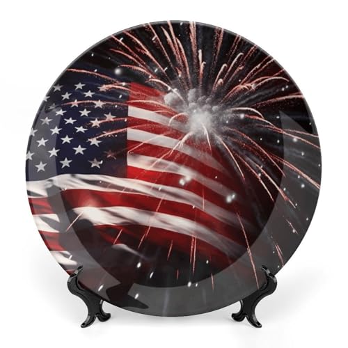 BSCKKDMN Dekorativer Teller mit amerikanischer Flagge, Feuerwerk, Knochenporzellan, dekorative Keramikteller, mit Präsentationsständer, handgefertigte Keramik-Ornamente, Wandkunst, Dekoration für von BSCKKDMN