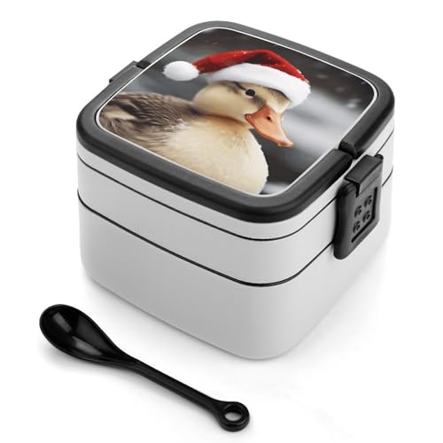 BSCKKDMN Duck Wearing Santa Hat Bento Box Erwachsene Lunchbox All-in-One Stapelbare Bento Lunchbox mit Fächern Doppellagige Lunchboxen Auslaufsicher Lunchbox Lunch Container für Arbeit Picknick Reisen von BSCKKDMN