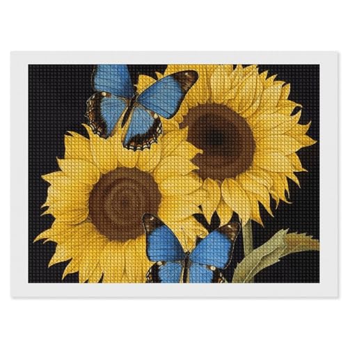 BSCKKDMN Gelbe Sonnenblumen mit blauen Schmetterlingen, Diamant-Malerei-Kits für Erwachsene, Diamant-Kunst-Set für Anfänger, 5D-DIY-Vollquadrat-Diamant-Kunst-Bastelsets für Erwachsene für von BSCKKDMN