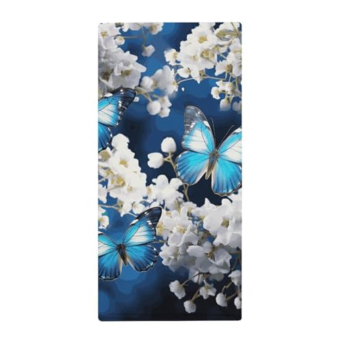 BSCKKDMN Handtuch, Motiv: blaue Schmetterlinge, weiße Blumen, weich, saugfähig, Badetuch, Geschirrtücher für Küche, Badezimmer, Fitnessstudio, Spa, Zuhause, 72,9 x 35,1 cm von BSCKKDMN