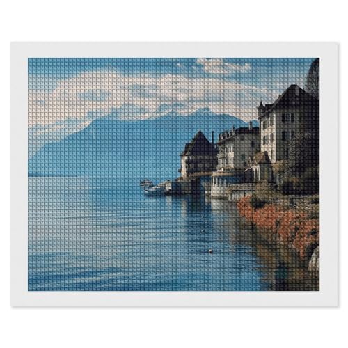 BSCKKDMN Lake Genf Schweiz Diamond Painting Kits für Erwachsene Diamond Art Kit für Anfänger 5D DIY Full Square Diamond Art Craft Kits für Erwachsene für Home Wall Decor von BSCKKDMN