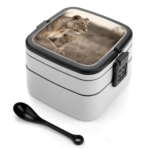 BSCKKDMN Lioness with Cub Bento Box Erwachsene Lunchbox All-in-One Stapelbare Bento Lunchbox mit Fächern Doppelschicht Lunchboxen Auslaufsicher Lunchbox Lunchboxen für Arbeit Picknick Reisen von BSCKKDMN