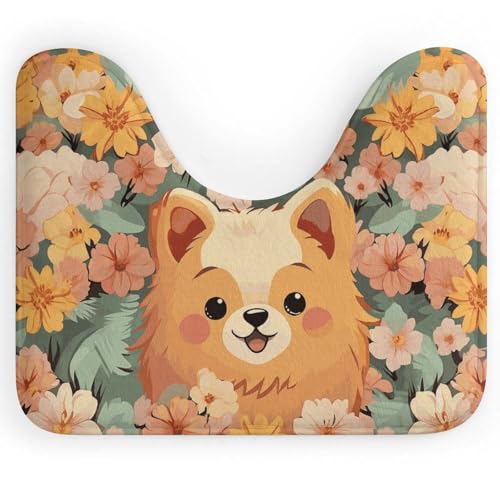 BSCKKDMN Pomeranians Toilettenvorleger mit Cartoon-Blumen, U-förmig, ultraweich, super saugfähig, Badezimmerteppich, rutschfeste Mikrofaser, WC-Vorleger, Badezimmer-Bodenmatte von BSCKKDMN