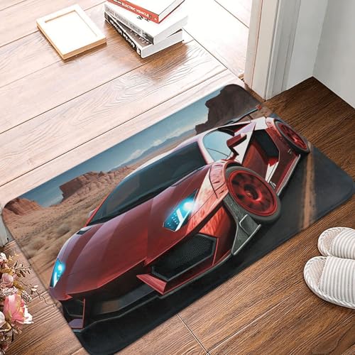 BSCKKDMN Red Race Car Haustürmatte für drinnen und draußen, rutschfest, saugfähig, waschbar, Flanell-Badematte, rutschfeste Fußmatten für Küche, Schlafzimmer, Badezimmer, Veranda, Büro, 40,6 x 61 cm von BSCKKDMN