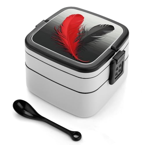 BSCKKDMN Rot und Schwarz Feder Bento Box Erwachsene Lunchbox All-in-One Stapelbare Bento Lunchbox mit Fächern Doppelschicht Lunchboxen Auslaufsicher Lunchbox Lunchbehälter für Arbeit Picknick Reisen von BSCKKDMN