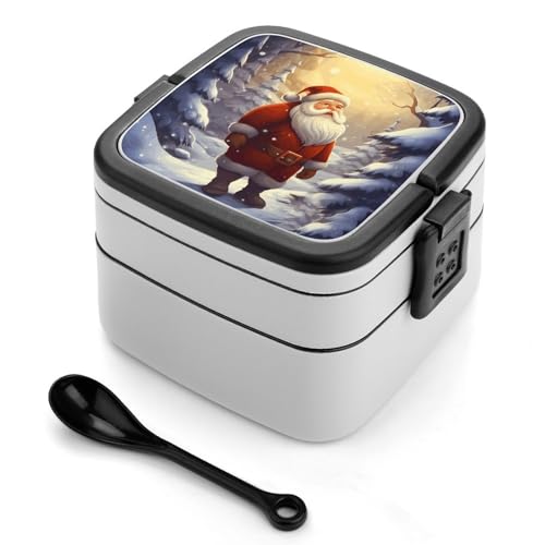 BSCKKDMN Santa Claus in The Snow Bento Box Erwachsene Lunchbox All-in-One Stapelbare Bento Lunchbox mit Fächern Doppelschicht Lunchboxen Auslaufsicher Lunchbox Lunchboxen für Arbeit Picknick Reisen von BSCKKDMN