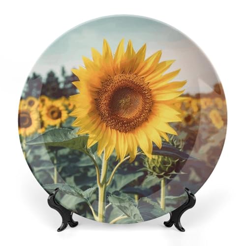 BSCKKDMN Schöne Sonnenblumen-Dekoteller aus Knochenporzellan, dekorative Keramik-Teller mit Präsentationsständer, handgefertigte Keramik-Ornament, Wandkunst, Dekoration für Zuhause, Küche von BSCKKDMN
