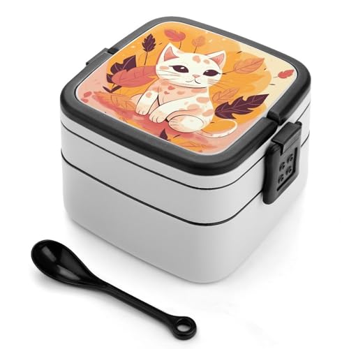 BSCKKDMN Simple Cartoon Katze Bento Box Erwachsene Lunchbox All-in-One Stapelbare Bento Lunchbox mit Fächern Doppellagige Lunchboxen Auslaufsicher Lunchbox Lunch Container für Arbeit Picknick Reisen von BSCKKDMN