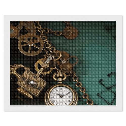BSCKKDMN Steampunk Uhren, Schlüssel und Ketten, Diamant-Malerei-Kits für Erwachsene, Diamant-Kunst-Set für Anfänger, 5D-DIY-Vollquadrat-Diamant-Kunst-Bastelsets für Erwachsene für Wanddekoration von BSCKKDMN