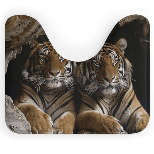 BSCKKDMN Tiger in Höhle WC-Vorleger, U-förmig, ultraweich, super saugfähig, Badezimmerteppich, rutschfeste Mikrofaser, WC-Vorleger, Badezimmer-Bodenmatte von BSCKKDMN