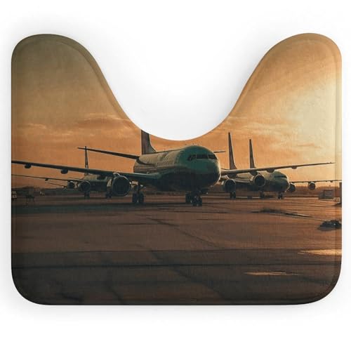 BSCKKDMN Toilettenvorleger mit Flugzeug auf dem Asphalt, U-förmig, ultraweich, super saugfähig, Badezimmerteppich, rutschfeste Mikrofaser, WC-Vorleger, Badezimmer-Bodenmatte von BSCKKDMN