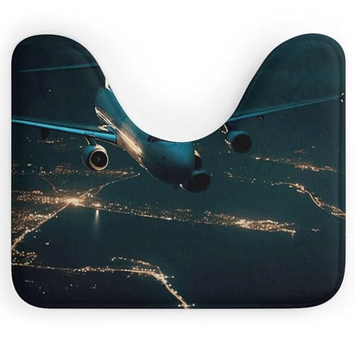 BSCKKDMN Toilettenvorleger mit Flugzeug fliegt bei Nacht, U-förmig, ultraweich, super saugfähig, rutschfeste Mikrofaser, WC-Vorleger, Badezimmer-Bodenmatte von BSCKKDMN