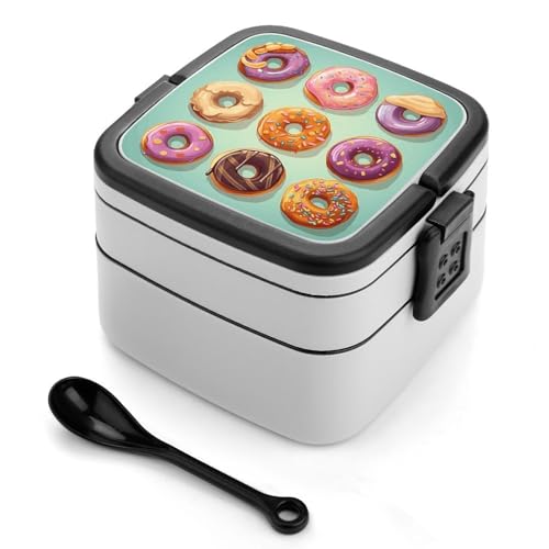 BSCKKDMN Verschiedene Donuts Bento Box Erwachsene Lunchbox All-in-One Stapelbare Bento Lunchbox mit Fächern Doppellagige Lunchboxen Auslaufsicher Lunchbox Lunchbehälter für Arbeit Picknick Reisen von BSCKKDMN