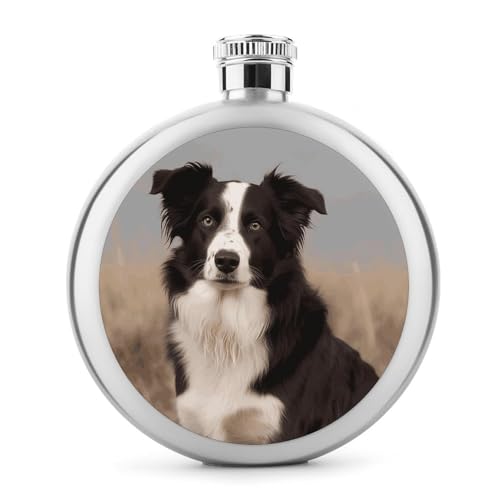Border Collie Flachmann, Edelstahl, auslaufsicher, tragbar, rund, Weinflasche für Camping, Angeln, Hochzeit, Party, 142 ml von BSCKKDMN