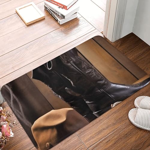 Cowboy-Fußmatte, Motiv: schwarzer Hut, Westernstiefel, für drinnen und draußen, rutschfest, saugfähig, waschbar, Flanell-Badematte, rutschfeste Bodenmatten für Küche, Veranda, Büro, 40,6 x 61 cm Cowboy-Fußmatte, Motiv: schwarzer Hut, Westernstiefel, für drinnen und draußen, rutschfest, saugfähig, waschbar, Flanell-Badematte, rutschfeste Bodenmatten für Küche, Veranda, Büro, 40,6 x 61 cm von BSCKKDMN