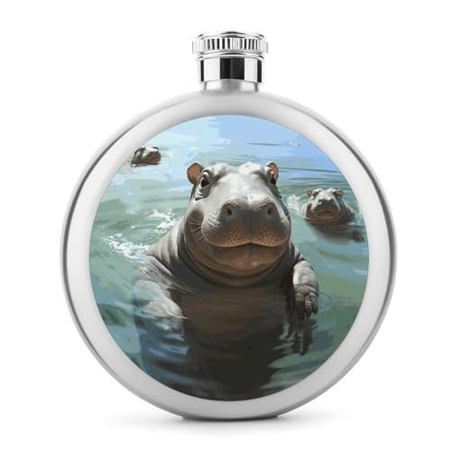 Cute Hippos Flachmann, Edelstahl, auslaufsicher, tragbar, rund, Weinflasche für Camping, Angeln, Hochzeit, Party, 142 ml von BSCKKDMN