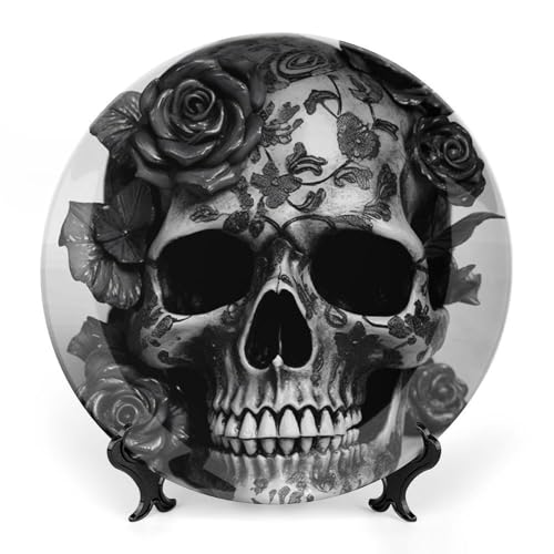 Dekorativer Teller aus Knochenporzellan, schwarzer Totenkopf, Rose, dekorativer Keramikteller mit Präsentationsständer, handgefertigte Keramik-Ornamente, Wandkunst, Dekoration für Zuhause, Küche von BSCKKDMN
