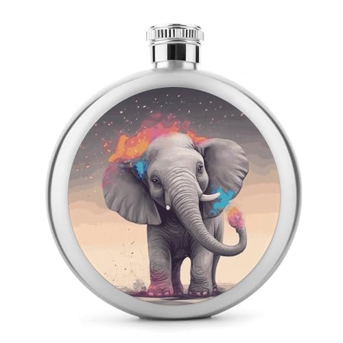 Edelstahl-Flachmann mit Cartoon-Elefantenmotiv, auslaufsicher, tragbar, rund, Weinflasche für Camping, Angeln, Hochzeit, Party, 142 ml von BSCKKDMN