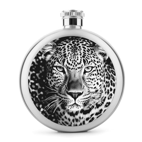 Flachmann mit Leopardengesicht, Edelstahl, auslaufsicher, tragbar, rund, Weinflasche für Camping, Angeln, Hochzeit, Party, 142 ml, Schwarz und Weiß von BSCKKDMN