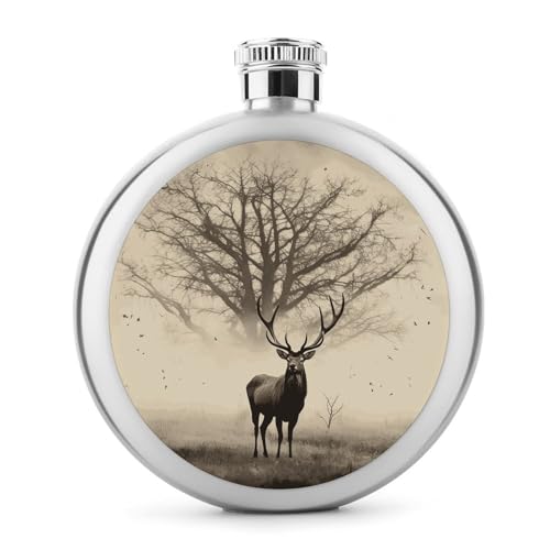 Flachmann mit abstraktem Baum und Elchbild, Edelstahl, auslaufsicher, tragbar, rund, Weinflasche für Camping, Angeln, Hochzeit, Party, 142 ml von BSCKKDMN