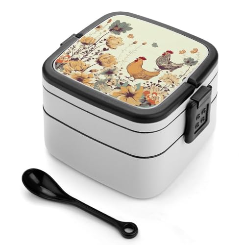 Hen Flying Butterflies Among Flowers Bento Box Erwachsene Lunchbox All-in-One Stapelbare Bento Lunchbox mit Fächern Doppellagige Lunchboxen Auslaufsicher Lunch Container für Arbeit Picknick Tra von BSCKKDMN