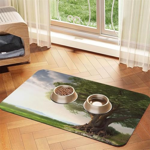 Hundefuttermatte mit Baum mit Ast, saugfähige Futtermatte für Futter- und Wassernäpfe, rutschfeste Platzierunterlage für Böden, wasserdicht, schnell trocknend, Wasserspendermatte für Hunde, Welpen von BSCKKDMN