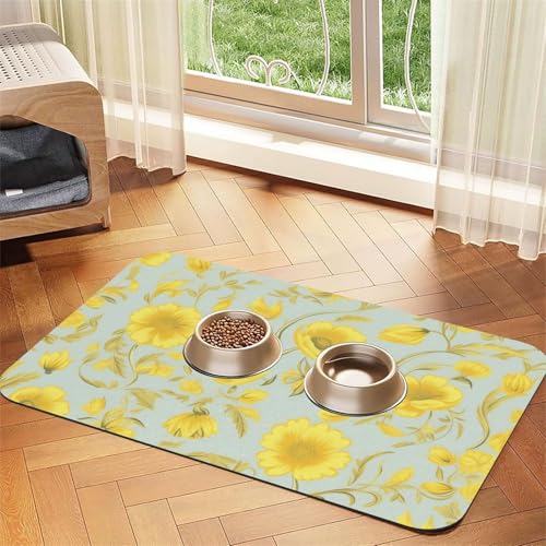 Hundefuttermatte mit gelber Blume, saugfähige Futtermatte für Futter- und Wassernäpfe, rutschfeste Platzierungsunterlage für Böden, wasserdicht, schnell trocknend, Wasserspendermatte für Hunde, Welpen von BSCKKDMN