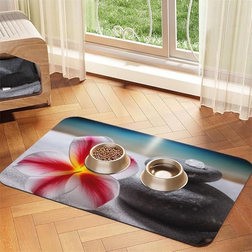 Hundefuttermatte mit tropischer Blume und Zen-Stein, saugfähige Futtermatte für Futter- und Wassernäpfe, rutschfeste Platzierungsunterlage für Böden, wasserdicht, schnell trocknend, Wasserspendermatte von BSCKKDMN
