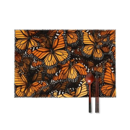 Platzdeckchen-Set, hitzebeständig, rutschfest, abwischbar, waschbar, Haufen von orangefarbenen Monarch-Schmetterlingen, Tischmatten für Esszimmer, Küche, Innen- und Außenbereich, Party, Urlaub von BSCKKDMN