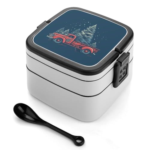 Red Truck mit Weihnachtsbaum Bento Box Erwachsene Lunchbox All-in-One Stapelbare Bento Lunchbox mit Fächern Doppelschicht Lunchboxen Auslaufsicher Lunchbox Lunchboxen für Arbeit Picknick Reisen von BSCKKDMN