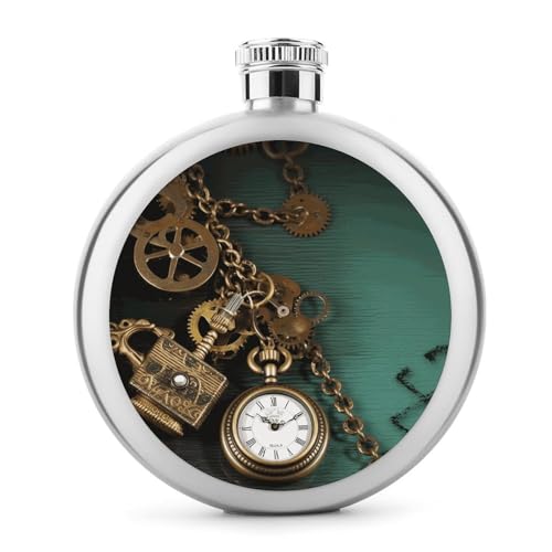 Steampunk Flachmann mit Uhren, Schlüssel und Ketten, Edelstahl, auslaufsicher, tragbar, rund, Weinflasche für Camping, Angeln, Hochzeit, Party, 142 ml Steampunk Flachmann mit Uhren, Schlüssel und Ketten, Edelstahl, auslaufsicher, tragbar, rund, Weinflasche für Camping, Angeln, Hochzeit, Party, 142 ml von BSCKKDMN