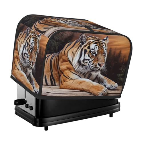 Tiger liegt auf Holz Toaster-Abdeckungen, 2 Scheiben, Brotmaschinen-Abdeckungen, gesteppter Toaster, staubdichte Abdeckung, kleine waschbare Geräteabdeckungen, Brotbackmaschinen-Schutz für Küche von BSCKKDMN