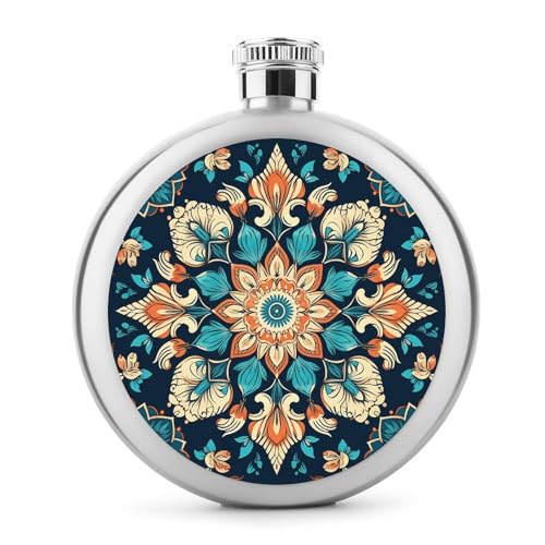 Vintage Mandala Blumen Flachmann Edelstahl auslaufsicher Likörflasche Tragbare runde Weinflasche für Camping Angeln Hochzeit Party 142 ml von BSCKKDMN