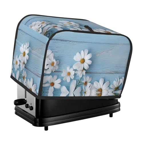 Weiße Blumen, hellblaue Holz-Toaster-Abdeckungen, 2 Scheiben, Brotmaschinen-Abdeckungen, gesteppter Toaster, staubdichte Abdeckung, kleine waschbare Geräteabdeckungen, Brotbackmaschinen-Schutz für von BSCKKDMN
