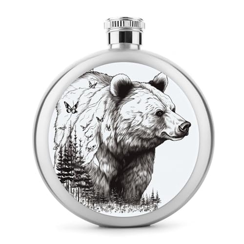 Wildlife Handgezeichneter Bär, Tier-Flachmann, Edelstahl, auslaufsicher, tragbar, rund, Weinflasche für Camping, Angeln, Hochzeit, Party, 142 ml von BSCKKDMN