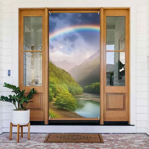 Willkommens-Türabdeckung, Dekoration, Türbanner 180 x 80 cm, Bergtal mit Regenbogen-Veranda-Banner, Schild, Fotohintergrund, saisonales Haustür-Banner zum Aufhängen, Banner für Urlaub, Party, Innen Willkommens-Türabdeckung, Dekoration, Türbanner 180 x 80 cm, Bergtal mit Regenbogen-Veranda-Banner, Schild, Fotohintergrund, saisonales Haustür-Banner zum Aufhängen, Banner für Urlaub, Party, Innen von BSCKKDMN